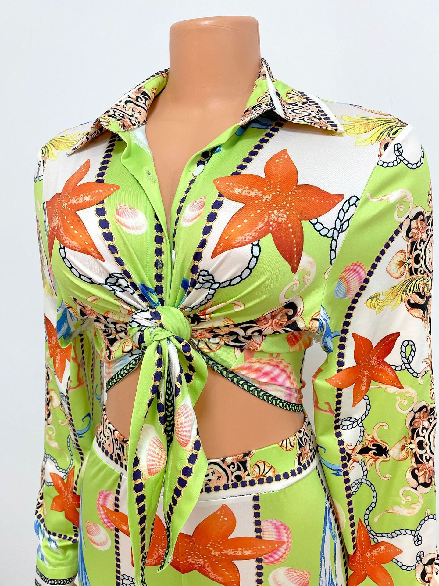 Tropical Starfish Baroque Chain Print Turn-Down Collar Long Sleeve Lace-Up Blouse+ Skin Tight Leggings Women's 2-Piece Set