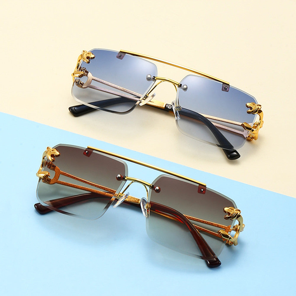 Unisex Designer Square Metallic Jaguar Pendant Double Beam Trimmed Sunglasses