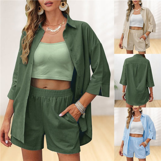 Solid Color Women's Casual 1/2 Sleeve Button-Up Women's Blouse + Elastic Waist Shorts 2-Piece Set