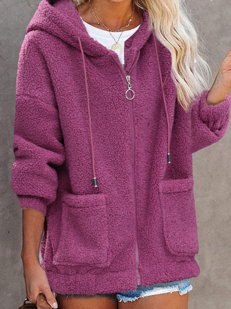 Fleece Solid Color Loose Women's Zipper Hoodie Jacket