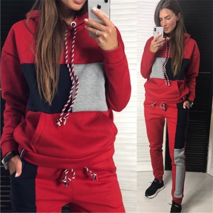 Colorblock Drawstring Pullover Women's Hoodie Sweatshirt+ Skinny Jogger Sweatpants Tracksuit