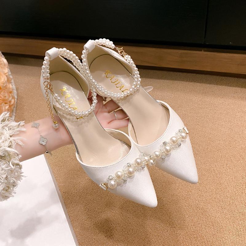 White Pearl Embellished Women's Style High Stiletto Slingback Gold Chain Buckle Strap Design Bridal/Party Pumps