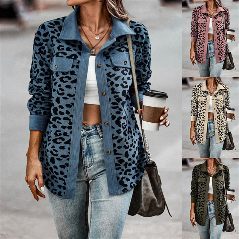 Leopard Print Double Pocket Design Long Sleeve Women's Turn-Down Collar Jacket to 3X Plus Size