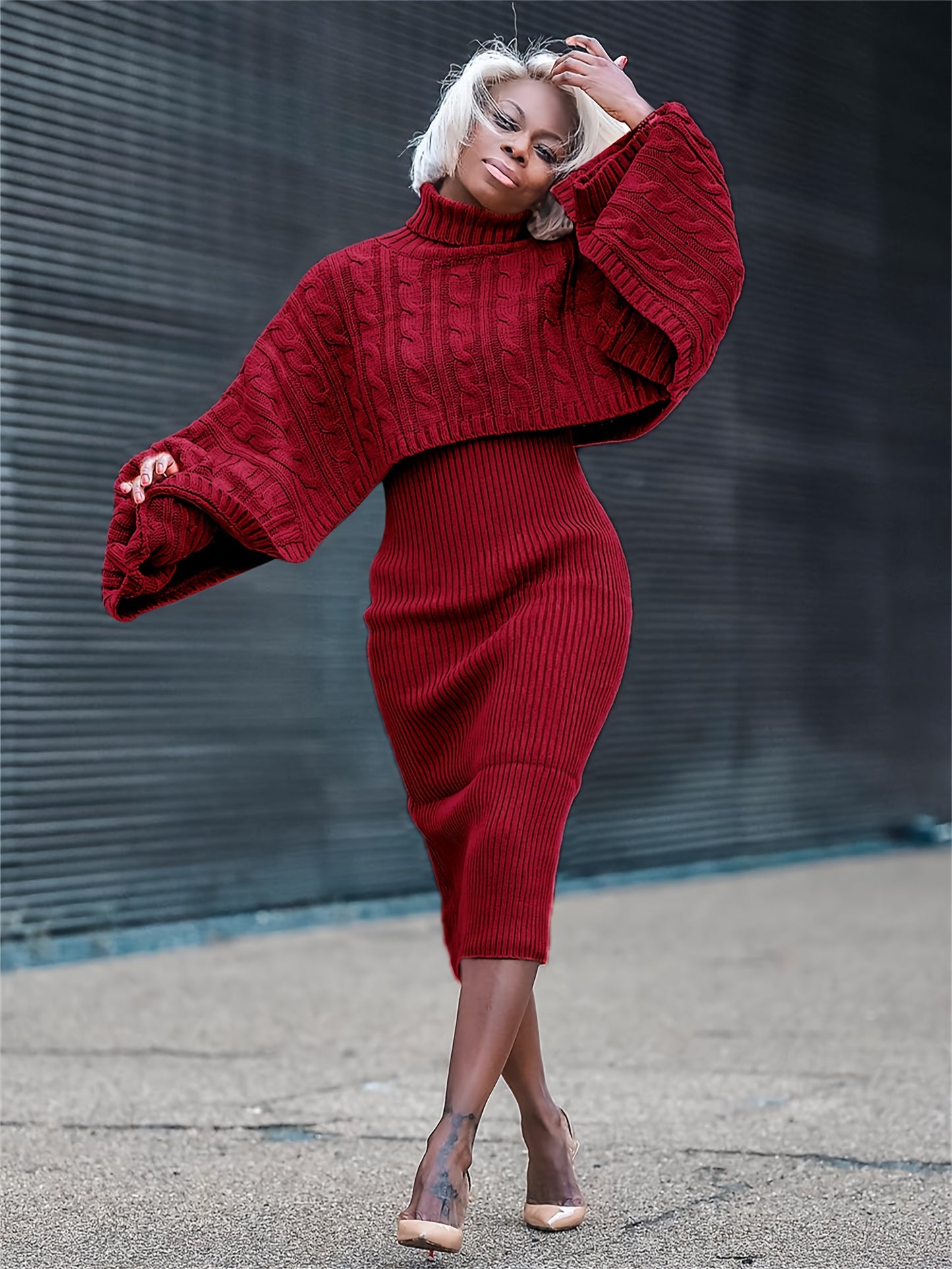 Turtleneck Knitted Weave Pattern Baggy Cape Sleeve Long Sleeve Sweater + Ribbed Tank Sweater Dress 2-Piece Set
