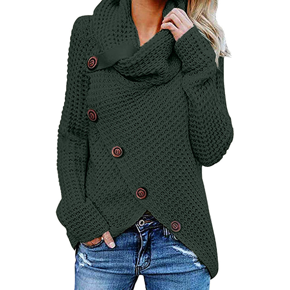 Turtleneck Button Design Long Sleeve Irregular Knitted Sweater