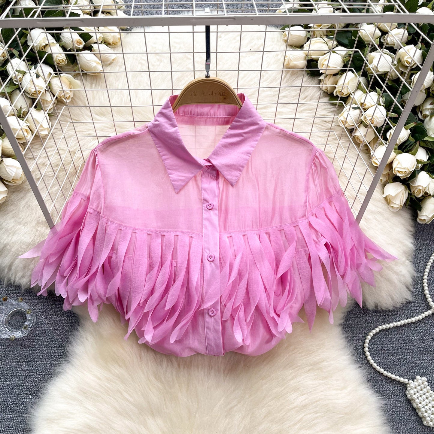 Sheer Tassel Fringe Puffed Short Sleeve Turn-Down Blouse
