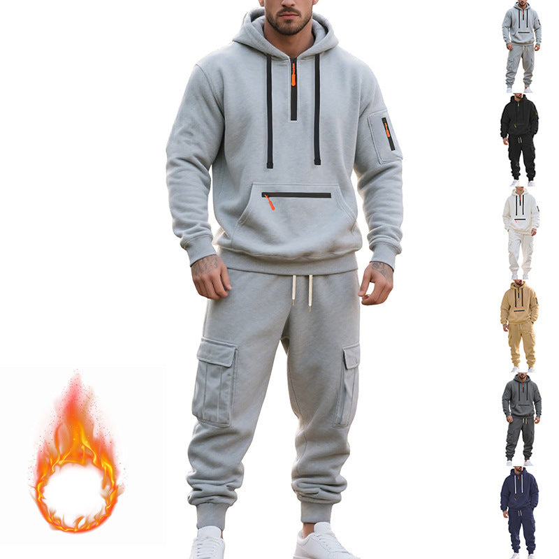 Men's Fleece Lined Zipper Pocket Drawstring Hoodie Sweatshirt + Multi-Pocket Cargo Sweatpants 2-Piece Tracksuit