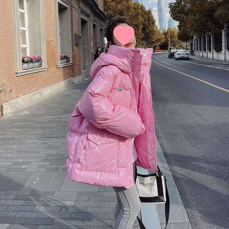 Pink Glossy Down Cotton-padded Jacket Women's Mid-length New