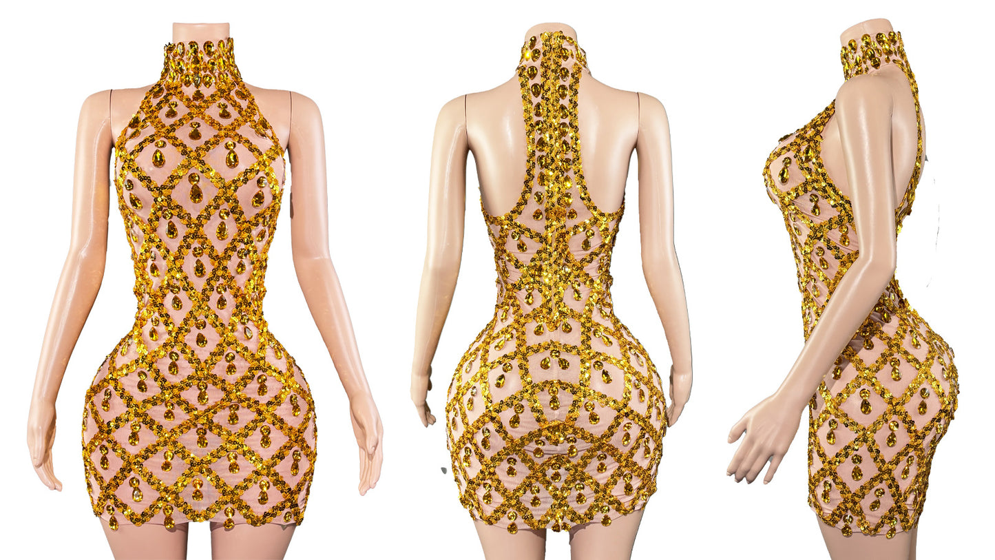 Diamond Sequin Mesh Geometric Hollow-Out Design Sleeveless Mini Zipper Back Formal Mini Dress