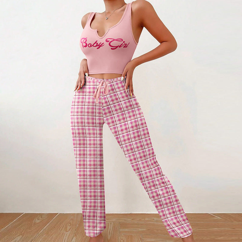 "Baby Girl" Print V-Neck Women's Tank Top + Plaid Drawstring Pants 2-Piece Set