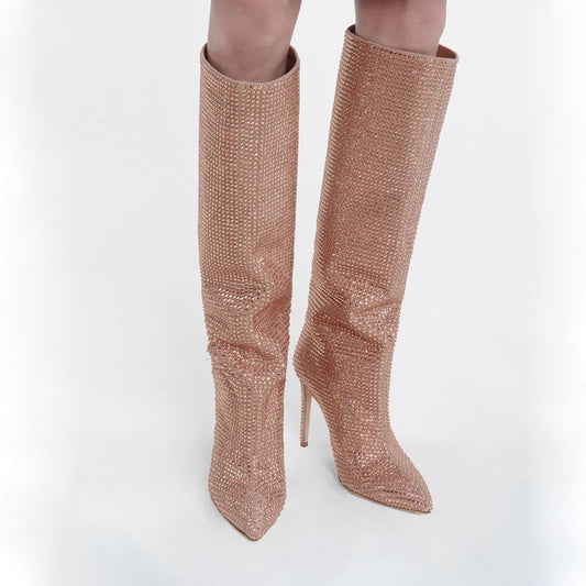 Sparkling Cashmere Rhinestone Pointed Toe Solid Color Women's Stiletto Heel Knee-High Boots