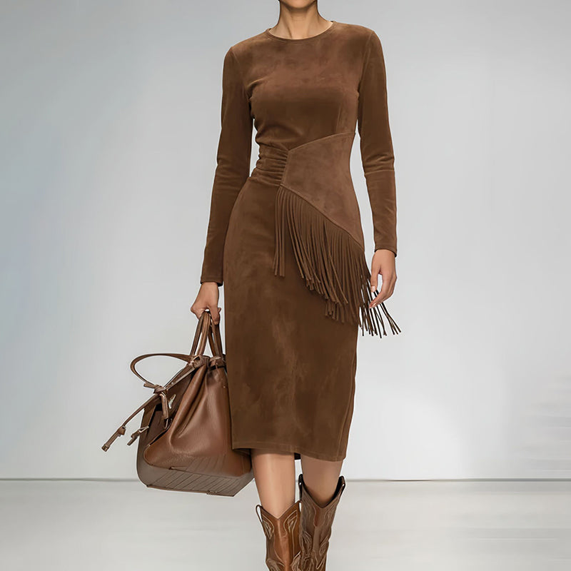 chinese dress ladies Women's Vintage Western Suede-Look Maxi Dress Boho Fringe & Waist Ruff –  jenell_harbin
