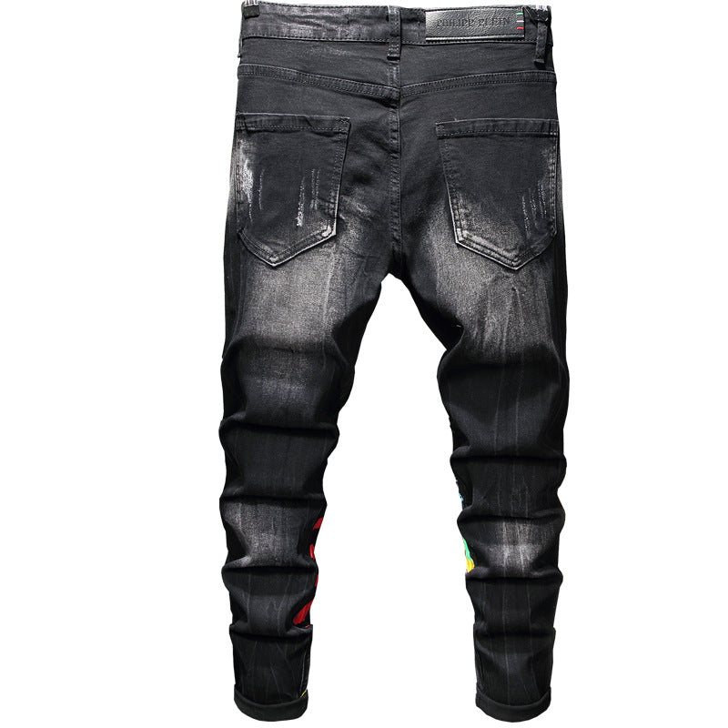 Men's Denim Black Faded Painted Airbrush Graffiti Heart Print Skinny Jeans