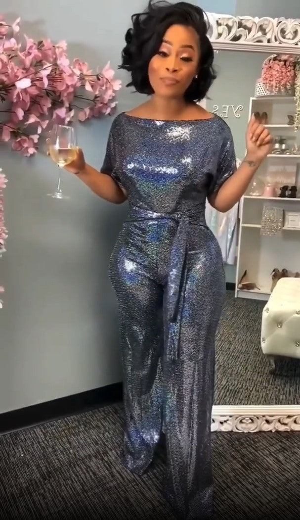 Glitter Sequin  Off-the-Shoulder Short Sleeve Women's Sash Belted Formal Party Jumpsuit to 4X Plus Size