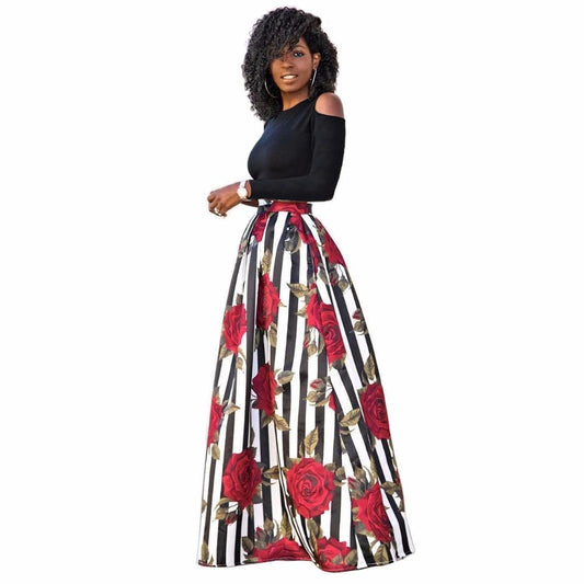 Striped Flower Print Hollow-Out Long Sleeve Flared Maxi Dress to 4X Plus Size