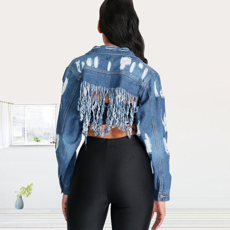 Ripped Washed Tassel Fringe Western Cropped Women's Jean Jacket to 5X Plus Size