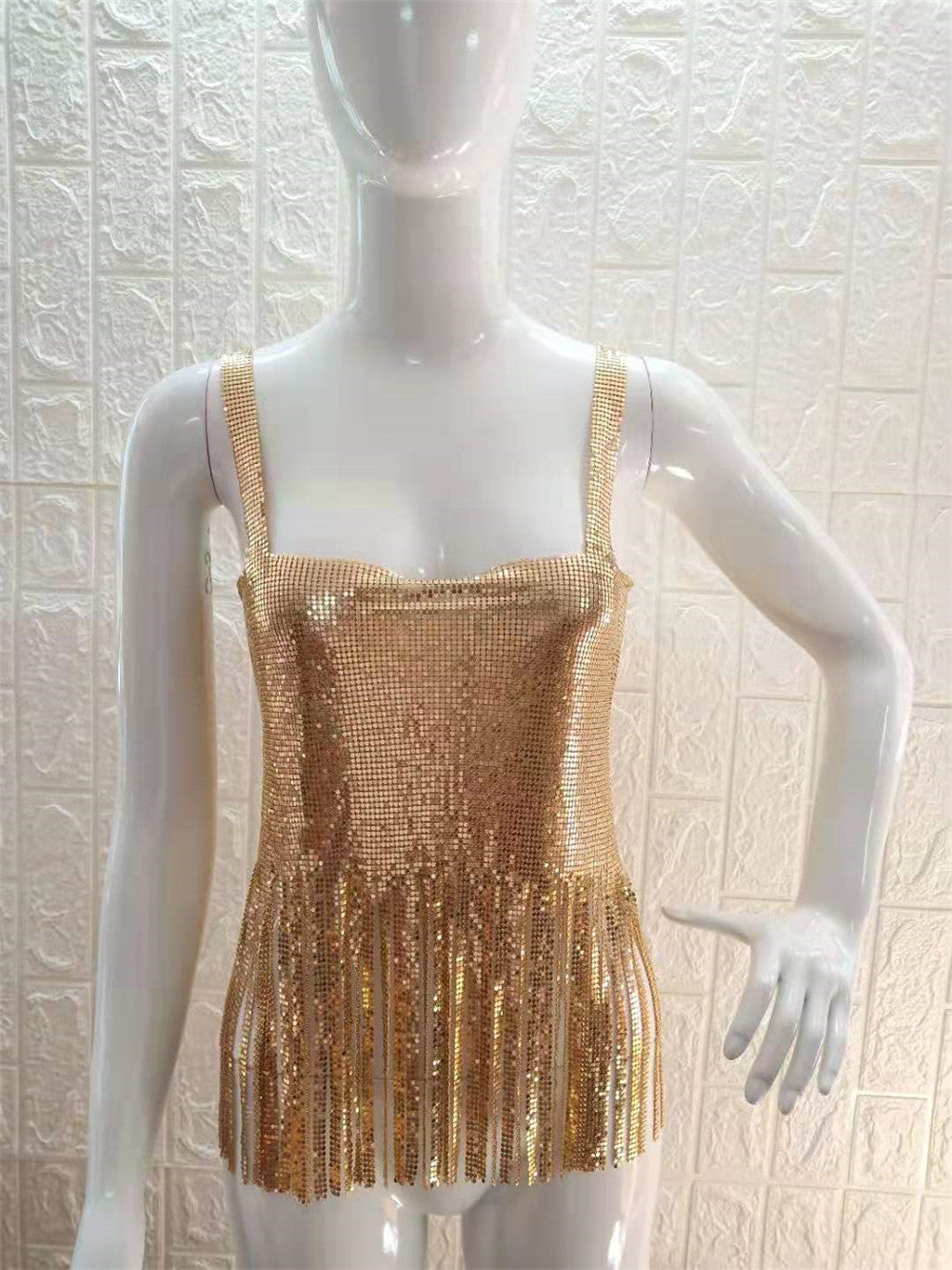 Metal Sequined Tassel Fringe Detail Women's Tank Top