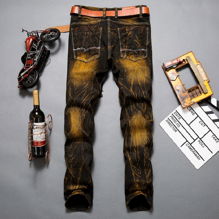 Men's Ripped Washed Colorblock Ruched Skinny Cargo Jeans