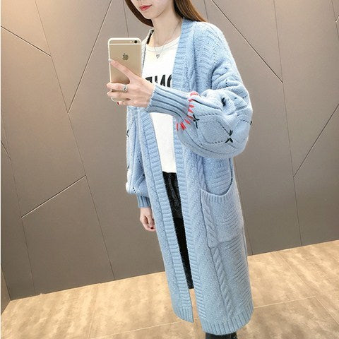 Knitted Weave Pattern Solid Color Pocketed Long Sleeve Women's Maxi Cardigan Sweater