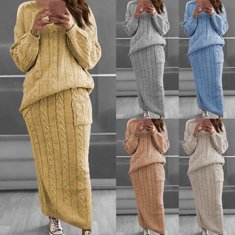 Twisted Weave Pattern Women's Long Sleeve Sweater + Maxi Skirt Knitted 2-Piece Set to 5X Plus Size