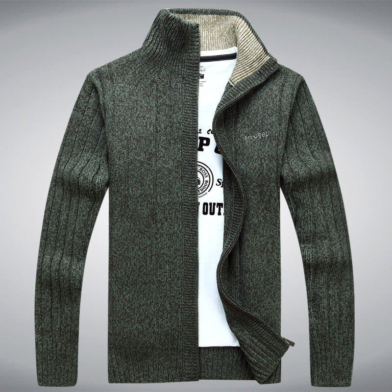 Men's Ribbed Fleece Lined Knitted Stand Collar Skinny Zipper Cardigan Sweater Jacket