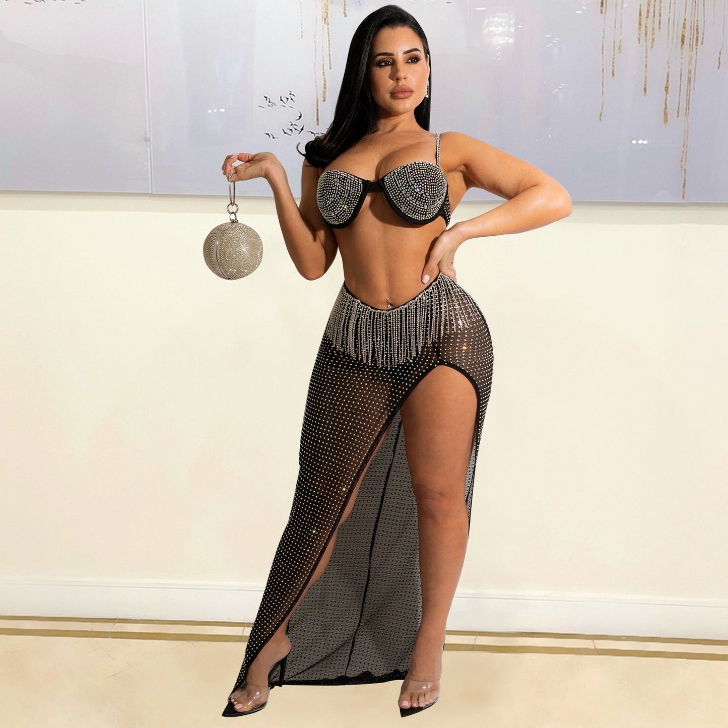 Metallic Silver/Black Mesh Rhinestone Bra + Tassel Fringe High Side Slit Maxi Skirt 2-Piece Set
