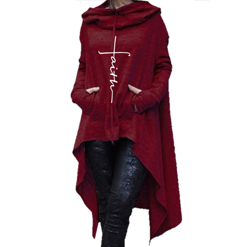 "Faith" Letter Print Women's Long Sleeve Embroidered Irregular Cloak Hoodie Maxi Sweater to 5X Plus Size