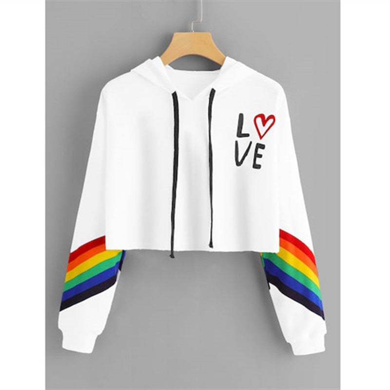 Rainbow Striped "LOVE" Heart Print Women's Cropped Long Sleeve Hoodie Sweatshirt