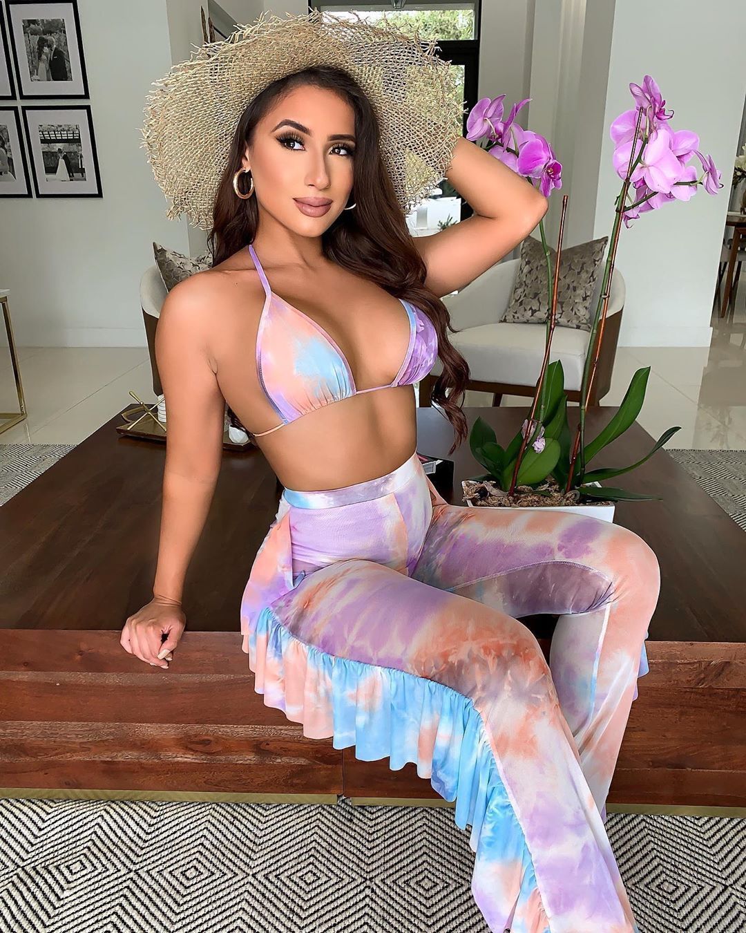 Mesh Butterfly/Tie-Dye Print Bikini Top + Tassel Fringe Design Pants Women's 2-Piece Set