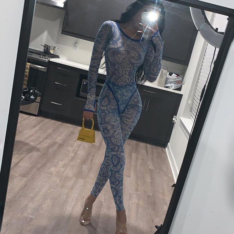 Paisley Mesh Baby Blue Sheer Transparent Printed Long Sleeve Women's Skinny Jumpsuit