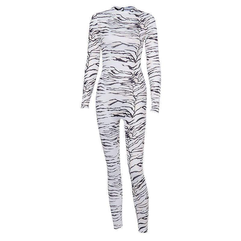 White/Black Zebra Striped Women's Skin Tight Long Sleeve Pants Jumpsuit
