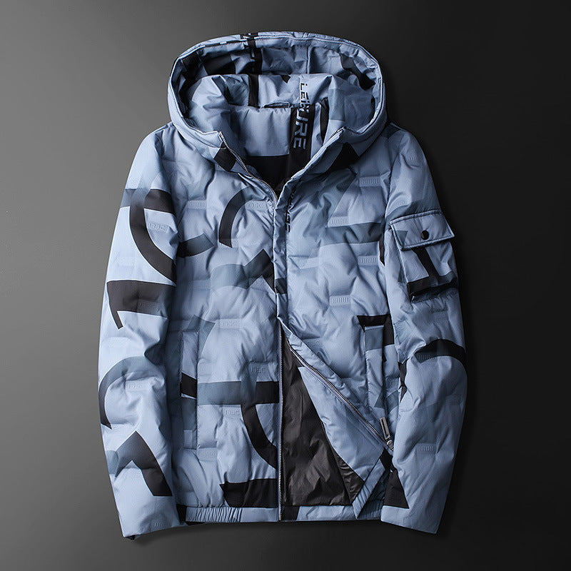 Men's Striped Tie-Dye Quilted Padded Hooded Down Ski Jacket