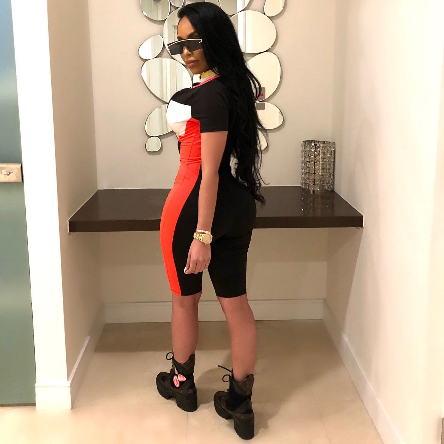 Side Striped Colorblock Short Sleeve Skinny Fitness Bodycon Women's Zipper Front Shorts Gym Romper