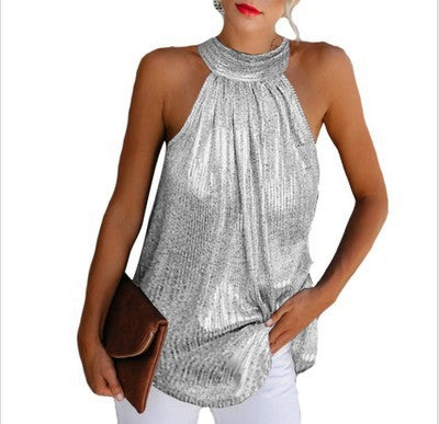 Sleeveless Metallic Glitter Halter O-Neck Strapless Women's Top to 5X Plus Size