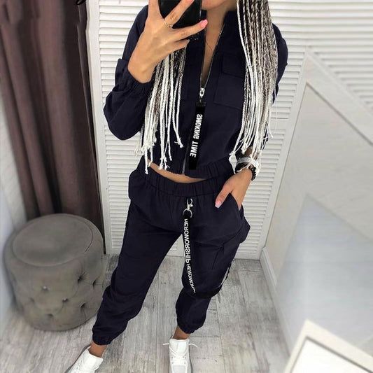Double Pocket Design Women's Mandarin Collar Zipper Jacket + Elastic Waist Cargo Pants 2-Piece Set