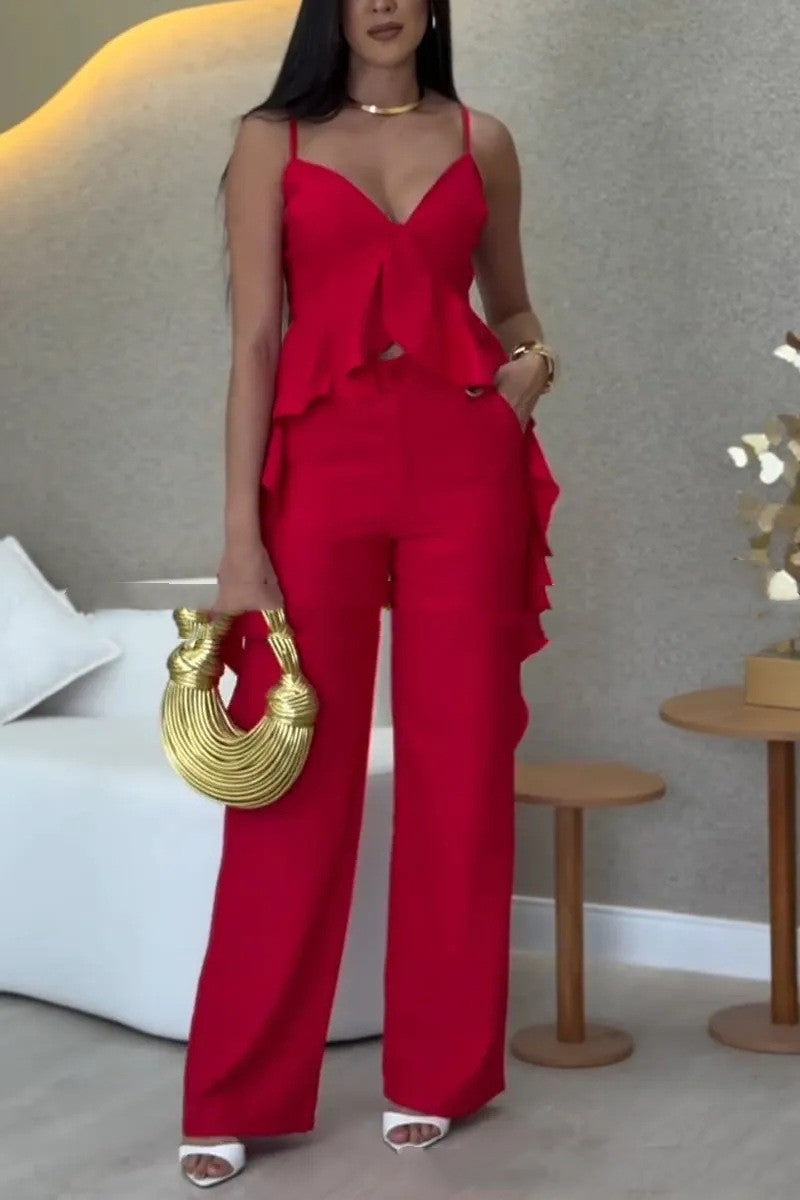 Ruffled Solid Color V-Neck Maxi Tank Top + Matching Leggings Women's 2-Piece Set