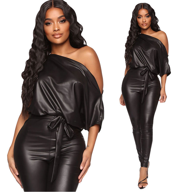 Black PU Leather Women's Off-the-Shoulder Jumpsuit