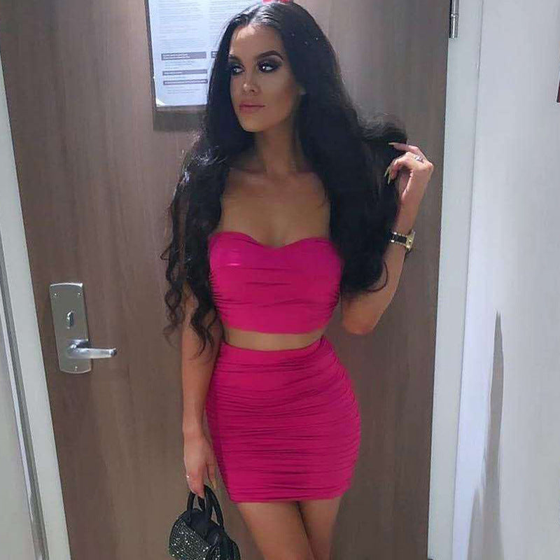 Ruched Pleated Women's Solid Color Crop Spaghetti Strap Crop Tank Top + Skinny Mini Skirt 2-Piece Set