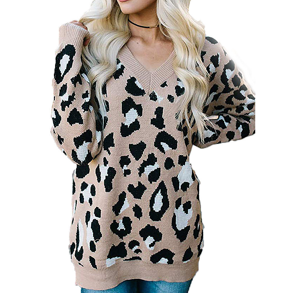Leopard Jacquard Print V-Neck Women's Long Sleeve Sweater