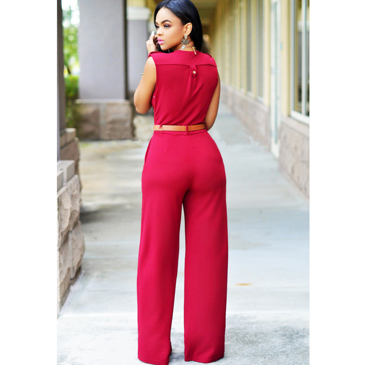 Ruched Sleeveless Deep V-Neck Solid Color Women's Jumpsuit