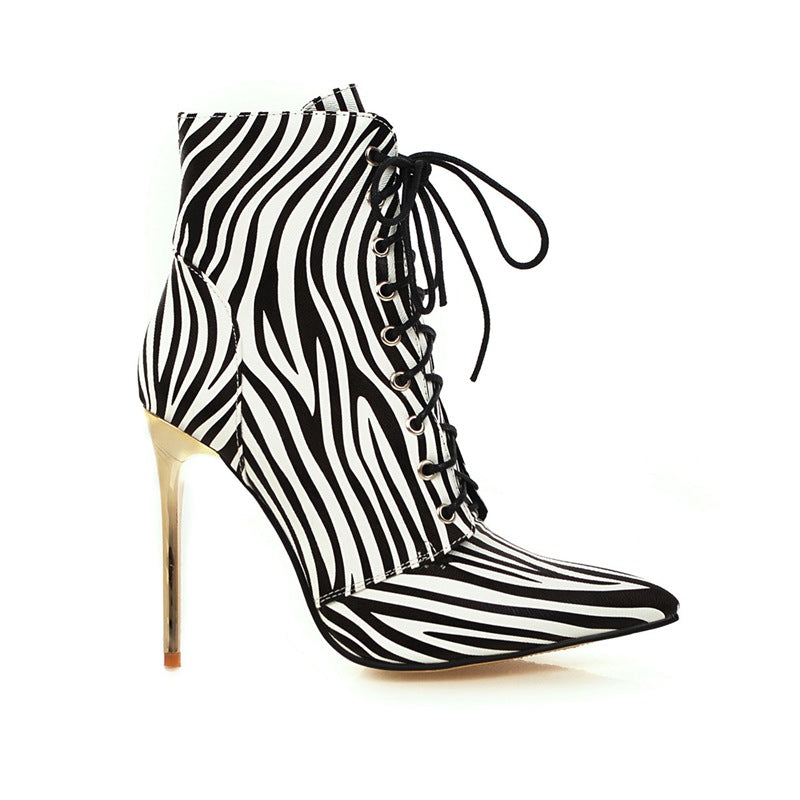 Zebra Print Women's Lace-Up Pointed Toe Gold Metal Stiletto Heel Martin Ankle Boots