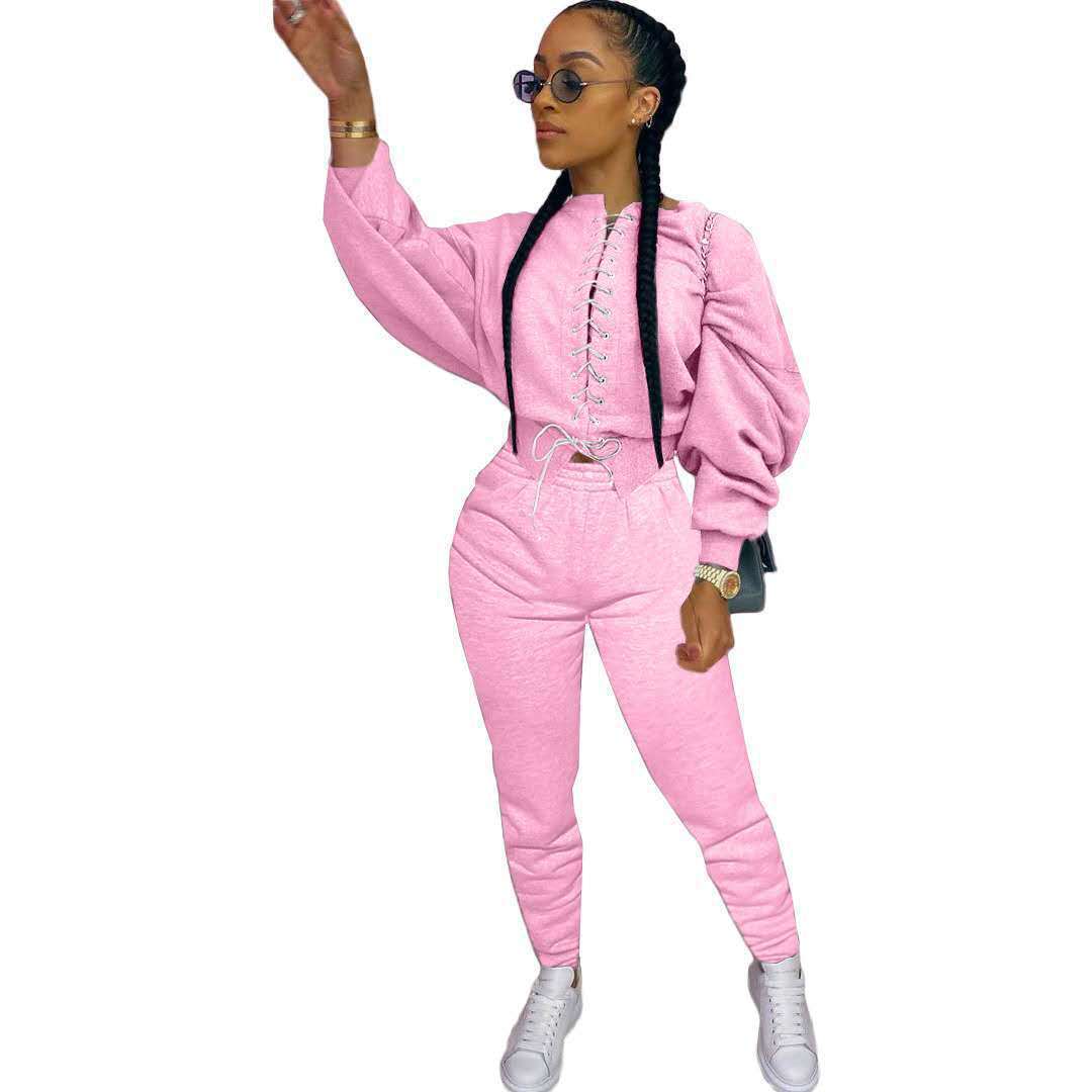 Puffed Balloon Sleeve Criss-Cross Women's Lace-Up Sweatshirt + Jogger Sweatpants Tracksuit to 3X Plus Size