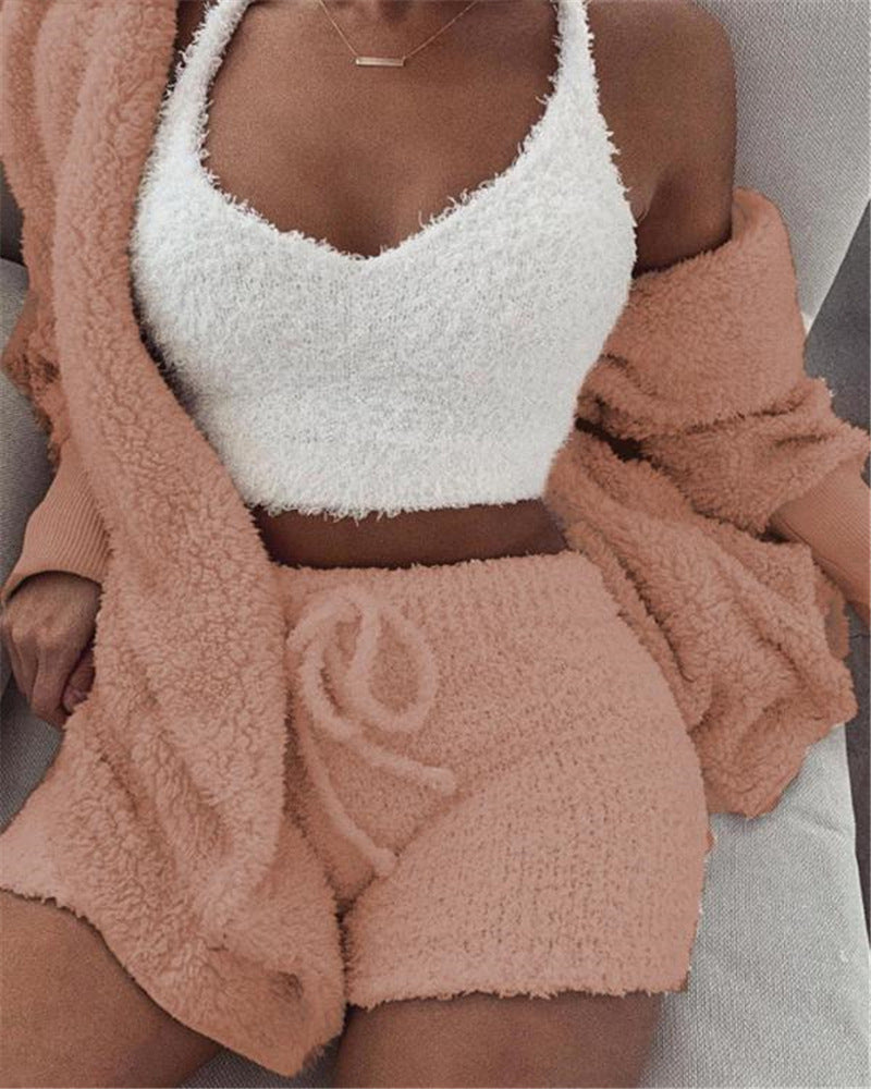 Fleece Solid Color Open Women's Long Sleeve Maxi Cardigan w/ Sash Belt, Crop Tank Top + Drawstring Shorts 3-Piece Knitted Pajamas Set