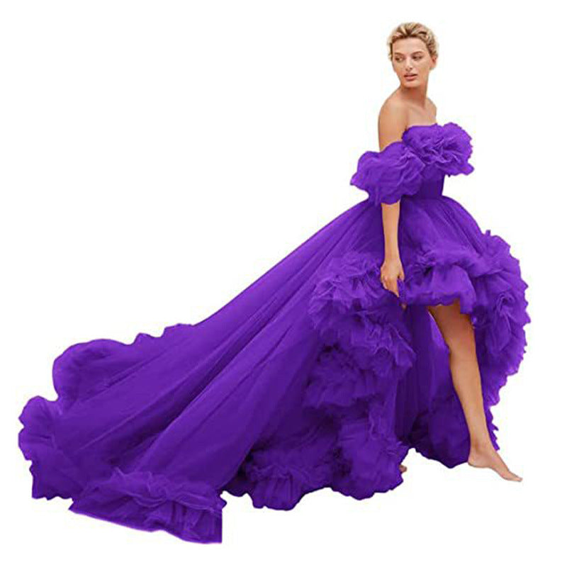 Oversized Ruffled High Low Tulle Off-the-Shoulder Long Tail Party/Prom/ Photoshoot Evening Gown Formal Dress