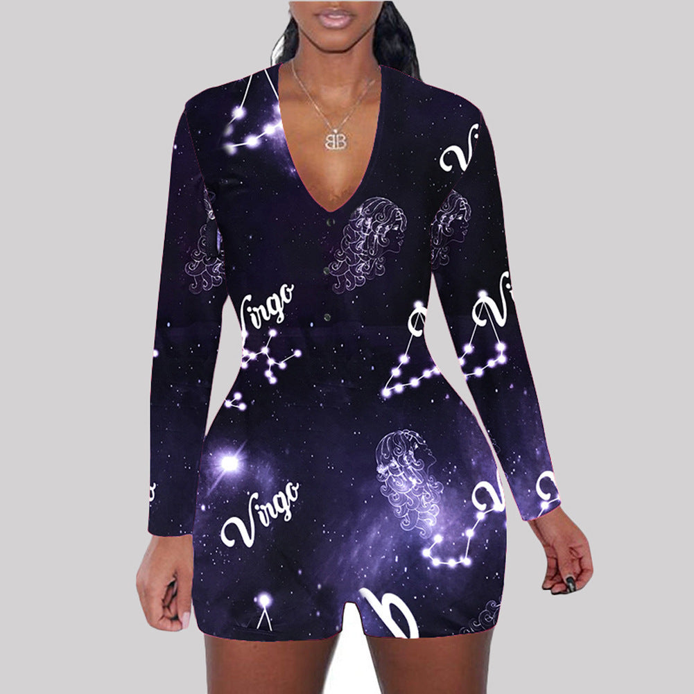 Astronomy Print Long Sleeve V-Neck Bodycon Women's One Piece Shorts Romper