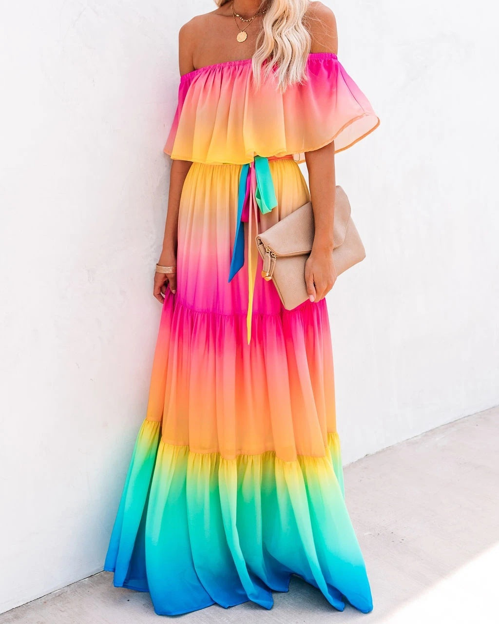 Rainbow Tie-Dye Colorblock Gradient Print Off-the-Shoulder Sleeveless Maxi Dress