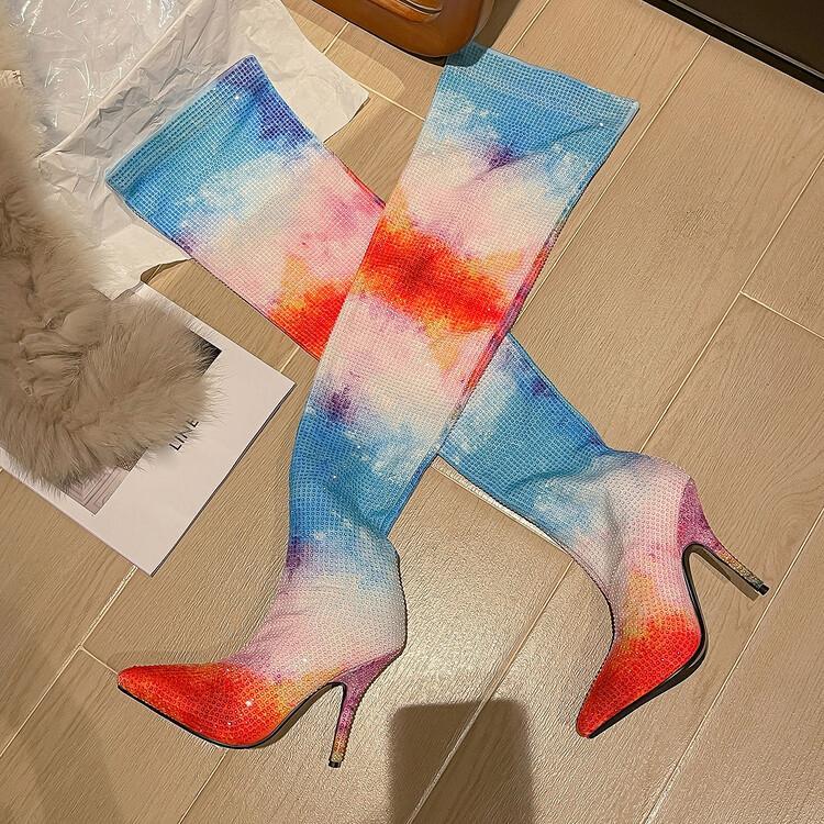 Iridescent Hot Pink/White/Blue Colorblock Tie-Dye Print Skinny Heel Over-the-Knee Elastic Boots