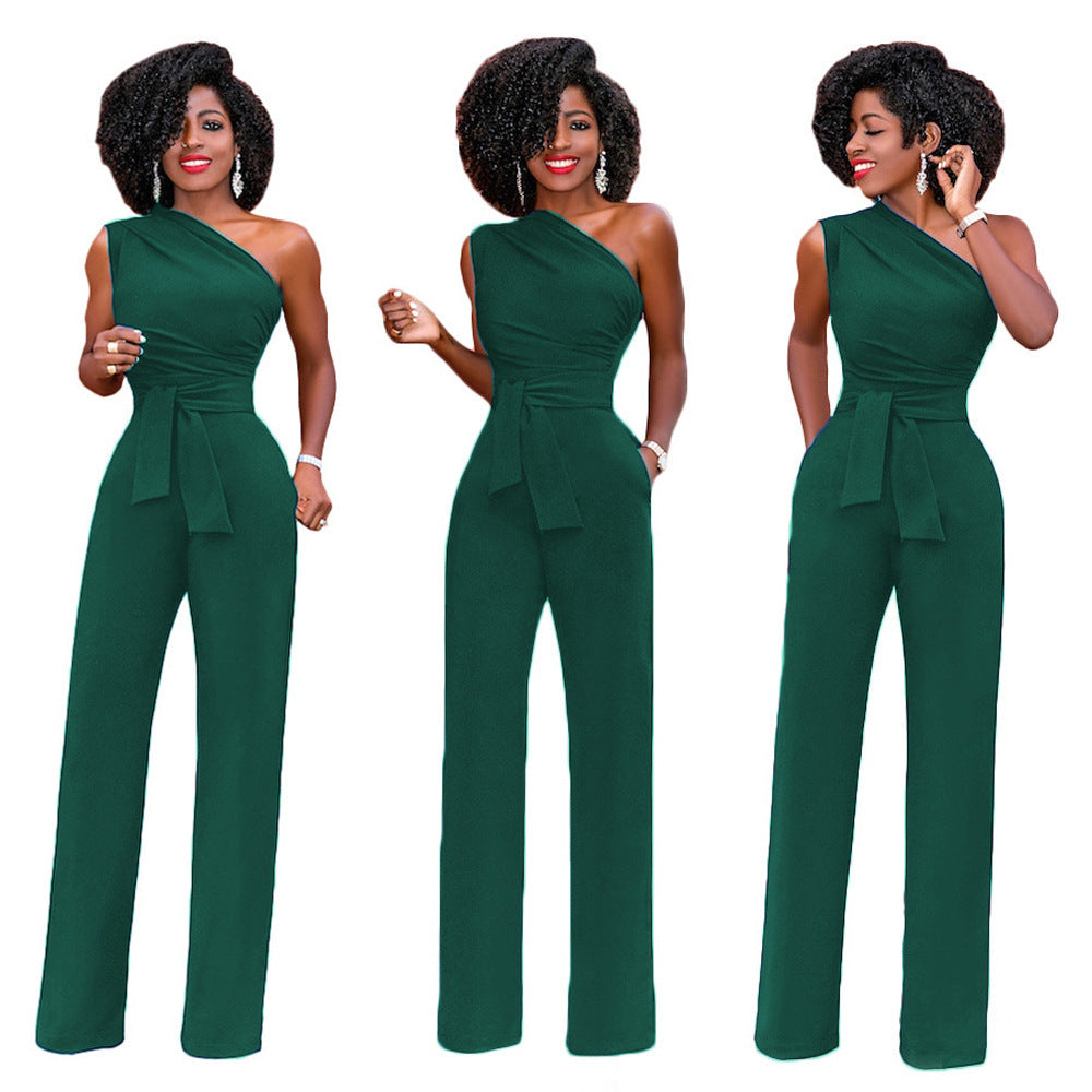 Asymmetrical One Shoulder Solid Color Sash Belted Women's Party Jumpsuit
