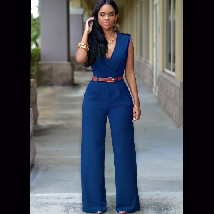 Ruched Sleeveless Deep V-Neck Solid Color Women's Jumpsuit