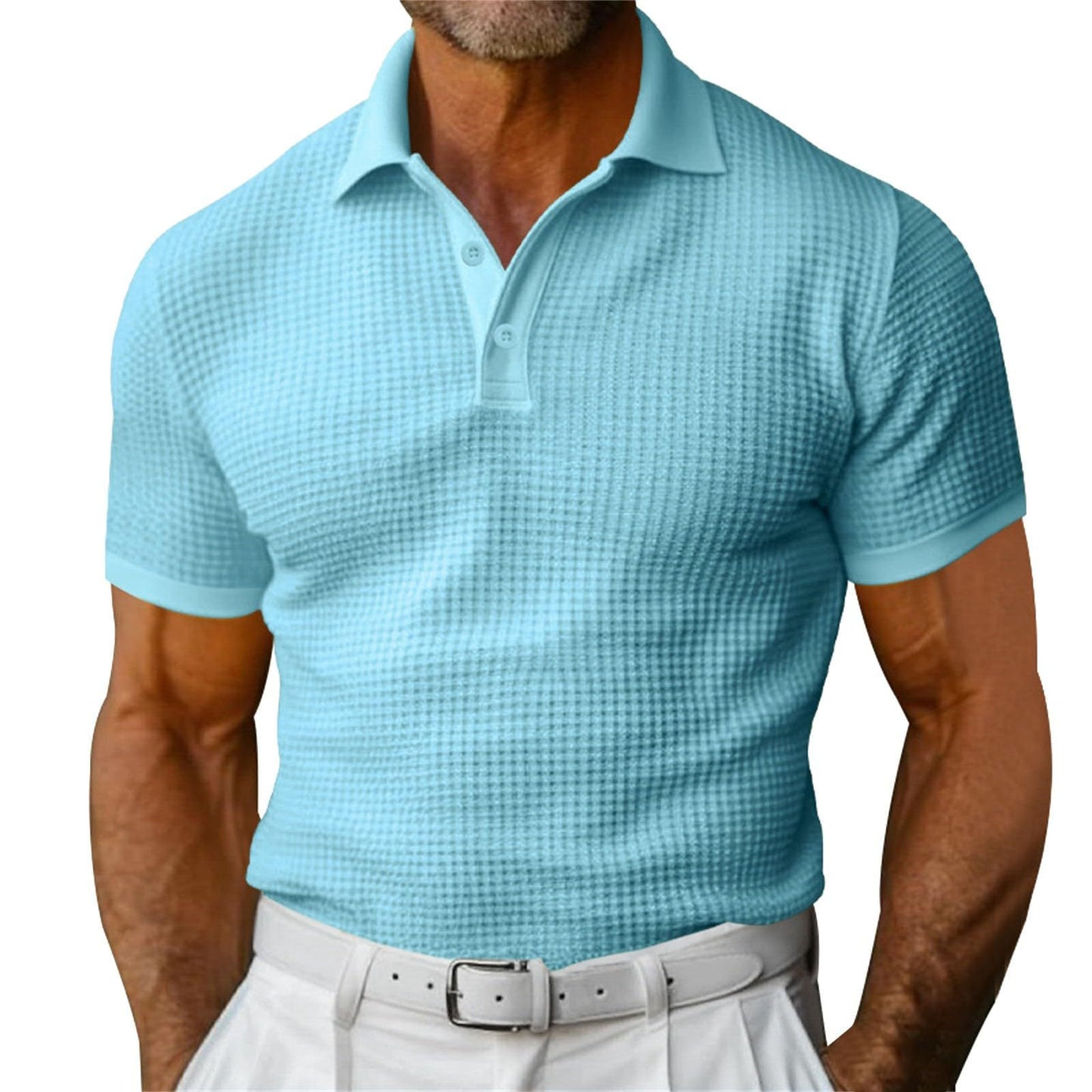 Men's Waffle Pattern Turn-Down Collar Short Sleeve Polo Shirt
